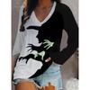 Halloween Fashion Bloody letter 3D Print Graphic Long Sleeve T-Shirt Casual V-Neck Top Polyester Breathable Women's Apparel Tops
