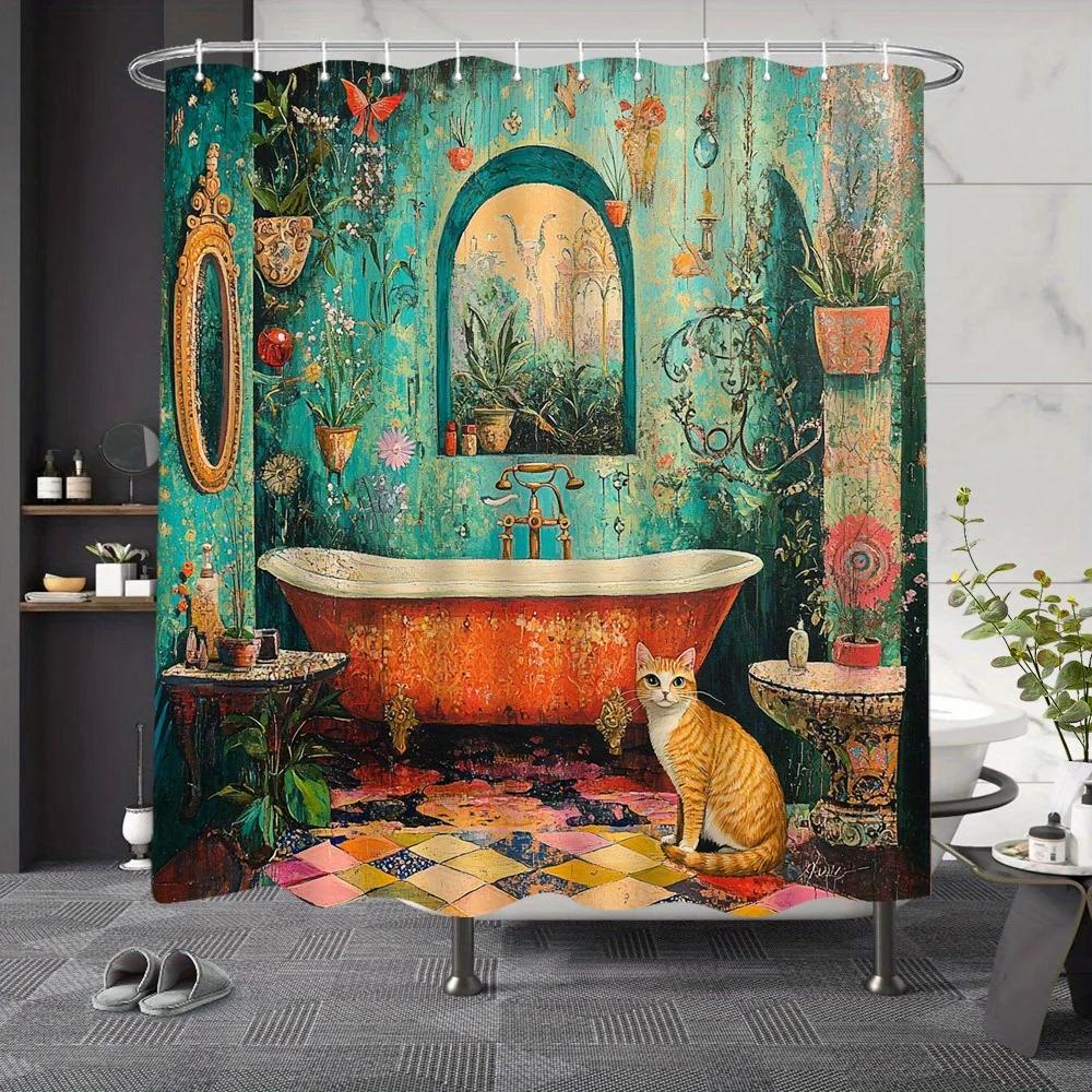 

Whimsical Cat In Vintage Bathroom Shower Curtain - Colorful And Artistic Design For A Cozy And Unique Bathroom Decor W60H190(CM)-1 Pcs