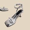 Fashion Black Ankle-Strap Buckle Sandal Summer Square Toe Ladies Stiletto High Heel Shoes Sexy Solid Thin Band Sandalias De Mujer Verano