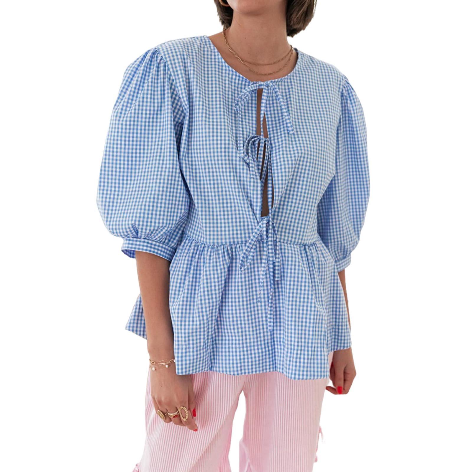 

Топы с завязками спереди для женщин, топ в стиле беби-долл с баской, топы длиной 3/4 с пышными рукавами, милые топы на выход XL синий