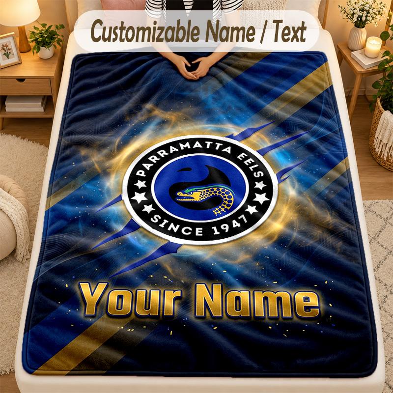 Flannel BlanketParramatta Eels Custom Name Text Personalized Soft Warm Throw Blanket Home Decor Gift