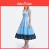 Alice In Wonderland Cosplay Dress Vintage Blue Polyester Long Skirt For Halloween Costumes