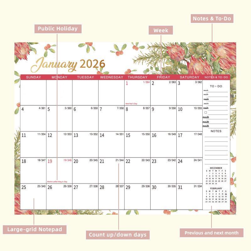 2026 Floral Wall Calendar: Custom Punch-in Memo Ring Calendar for Office
