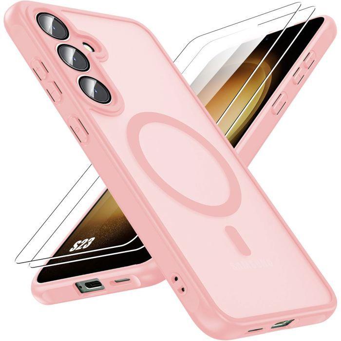 Case for Samsung Galaxy S23, with Magnetic Ring Camera Glass - Pink - 2 Tempered Glasses