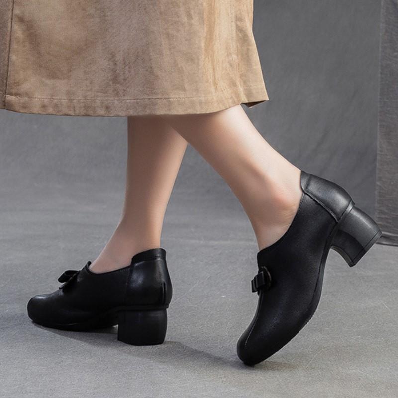 Johnature Retro Dame Hæler Sko Casual Ekte Skinn Pendler Allsidige Dame Slip-on Sko
