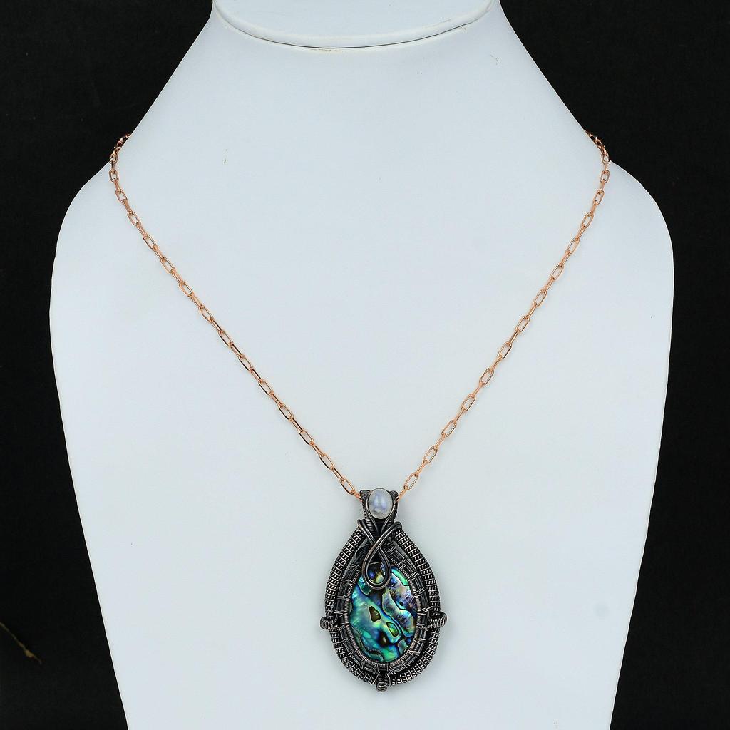 Abalone Shell Pendant Copper Wire Wrapped Pendant Gemstone Jewelry Handmade Pendant Gifts For Her Copper Jewelry Rainbow Moonstone Pendant