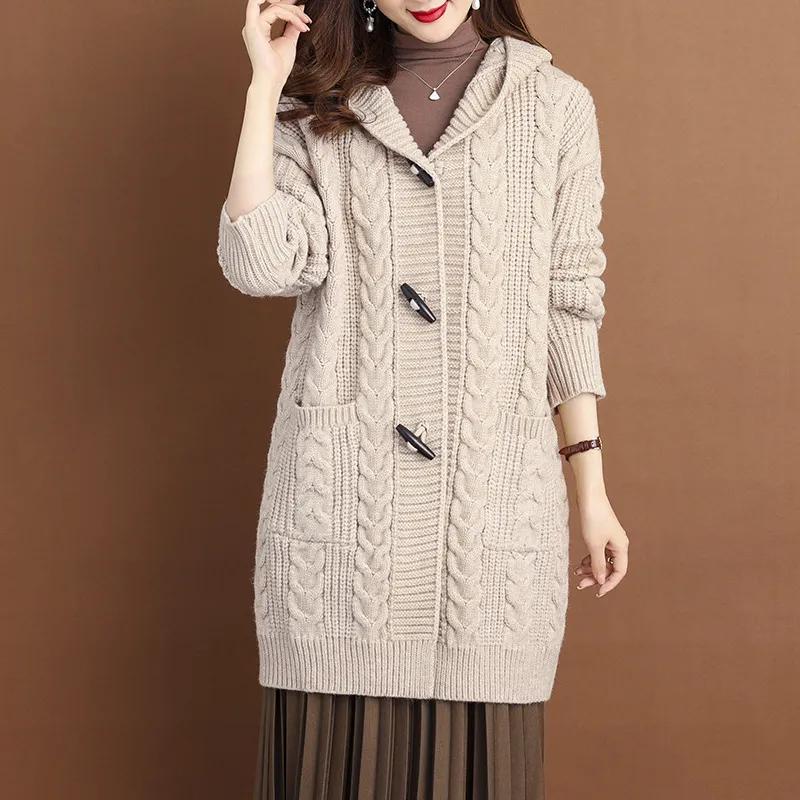 

Autumn Winter Temperament Cardigan Sweater Jacket Women Loose Hooded Knitted Sweater Coat Female Casual Outerwear Ladies XXXL