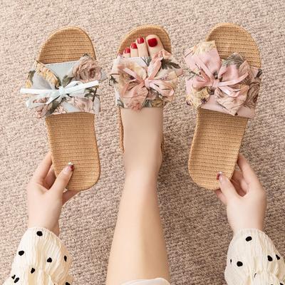 Dicke Sohle Baumwoll-Leinen Sandalen für Damen für den Innenbereich - Atmungsaktive Frühling-Sommer Blumenmuster Hausschuhe