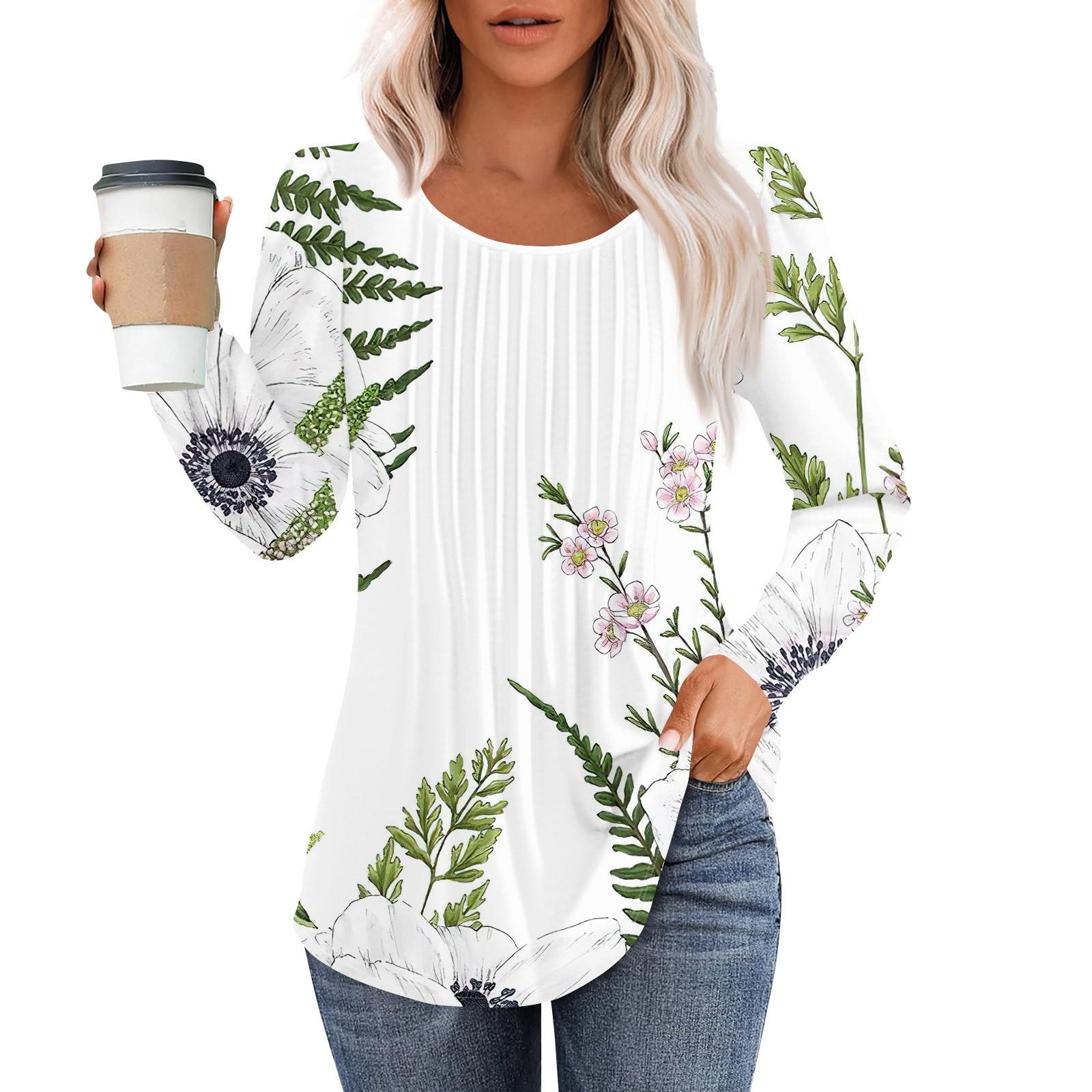 

Жіночі повсякденні топи, плісирована футболка з круглим вирізом і довгими рукавами з квітковим принтом XXL білий