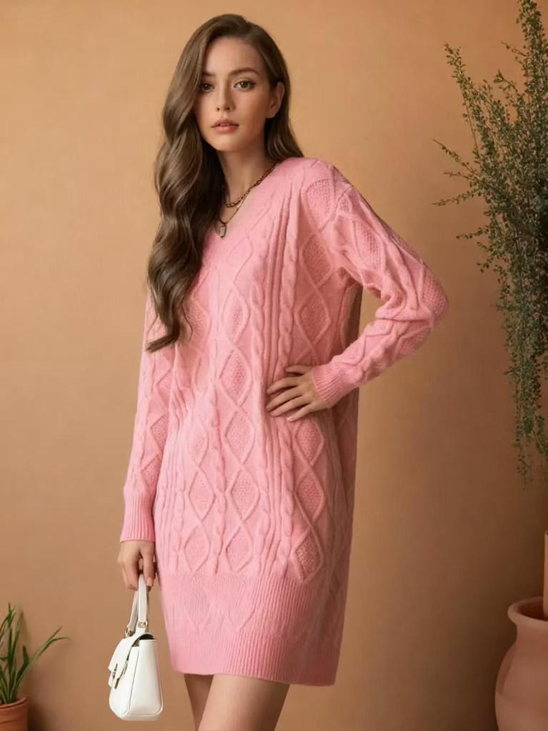 2025 Autumn/Winter Women's Mid-Length V-Neck Cable Knit Dress