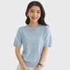 Spring Cotton Knit Short Sleeve Outerwear - Round Neck Loose Fit Solid Color Top