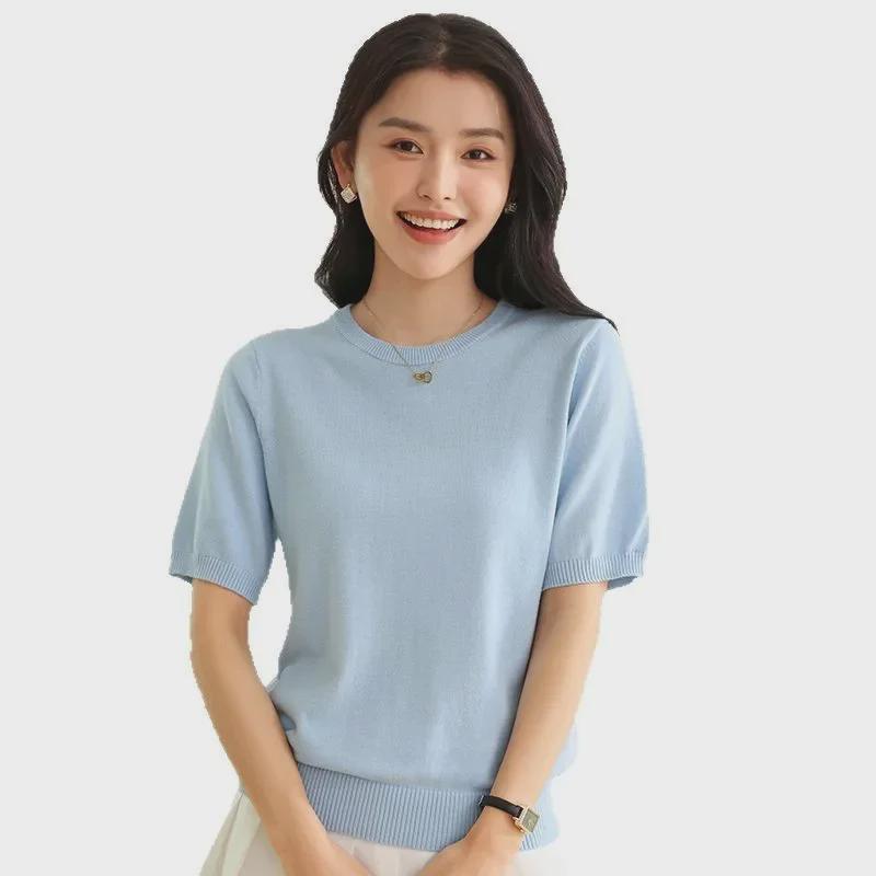 Spring Cotton Knit Short Sleeve Outerwear - Round Neck Loose Fit Solid Color Top
