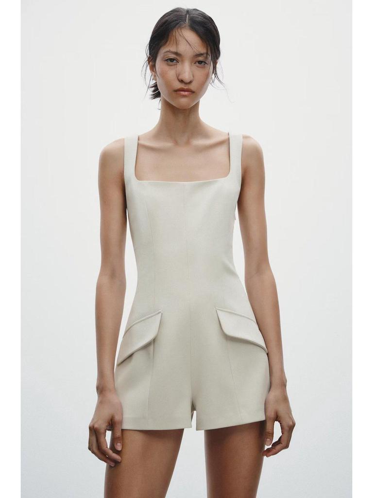 2025 Spring/Summer Women's Backless Sleeveless Square Neck Jumpsuit Dress with Patch Pocket and Spaghetti Straps