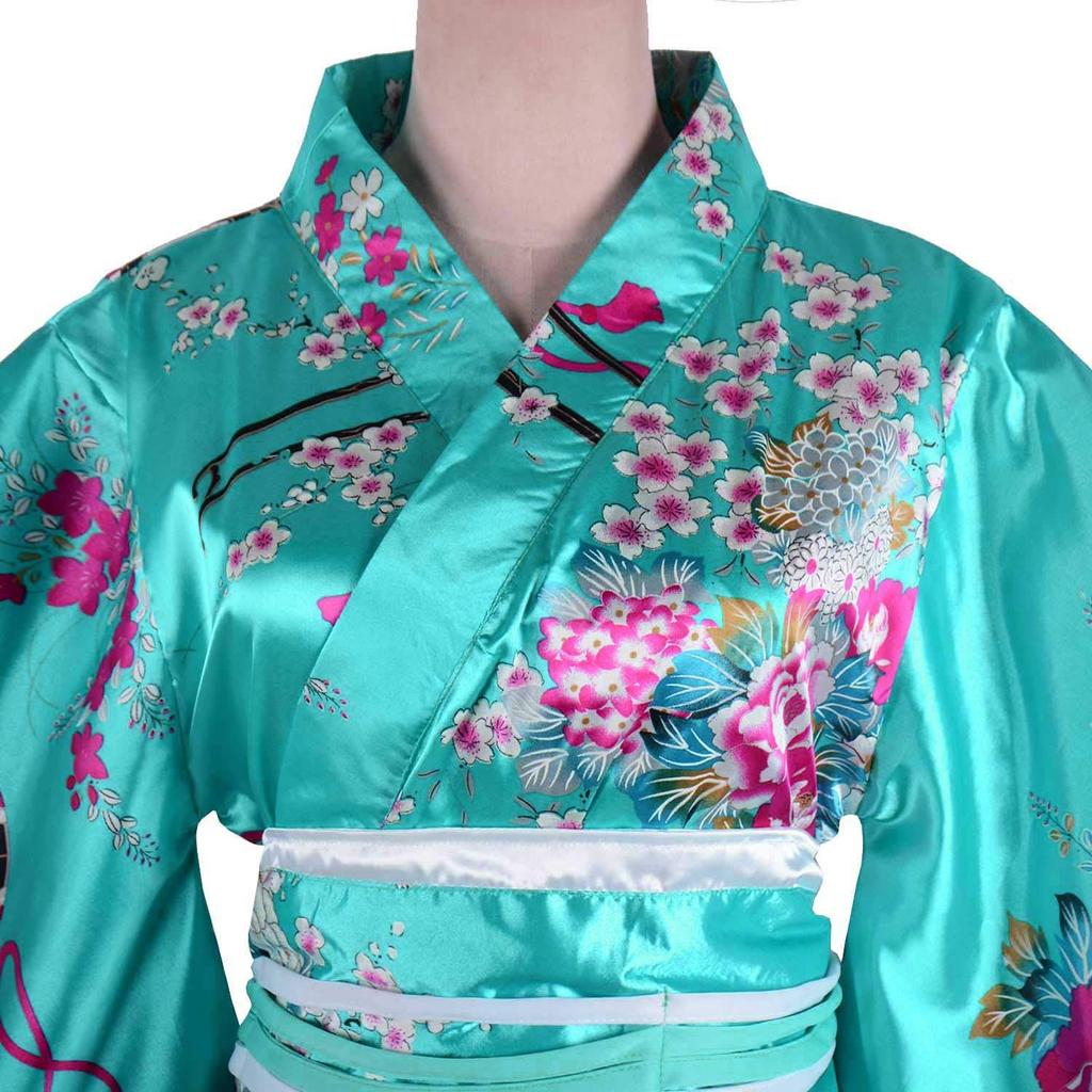 HONGFU Courtesan Long Kimono Dress Chiffon Cherry Blossom Japanese Style Yukata Costume Cosplay Costume with Obi Long Women's (Sky Kimono)
