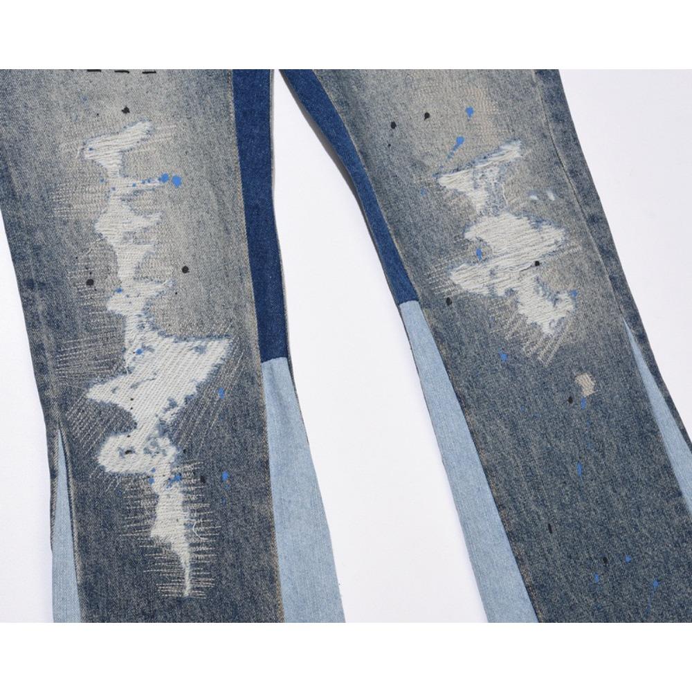 Blue Washed Destroyed Flared Jean Pants Hip Hop Graffiti Ripped Denim Jeans Men Streetwear Vintage Wide Leg Jeans