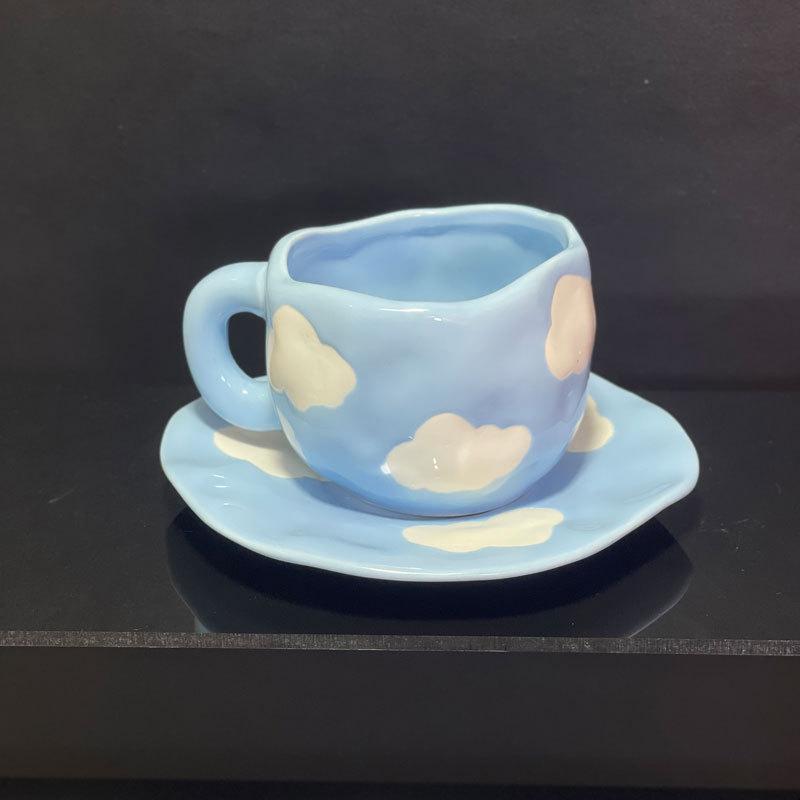 Japanese-Style Small Fresh Underglaze Hand-Painted Cloud Coffee Cup And Saucer High-Value Hand-Pinched Irregular Ceramic Cup And Saucer Set 201-300ml