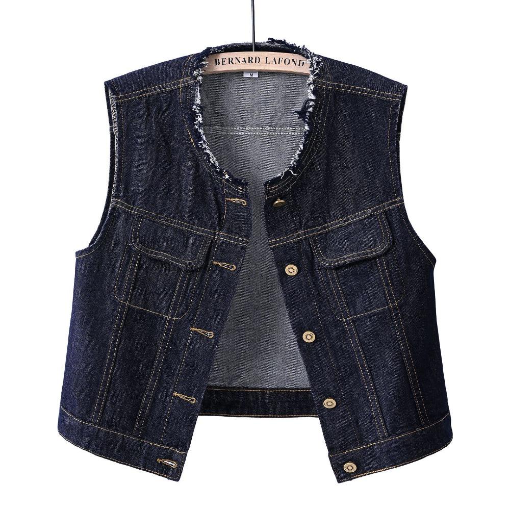 Rounded-neck Women's Denim Vest with Fringes, Short Blazer, Casual and Retro Fitted Sleeveless Pullover