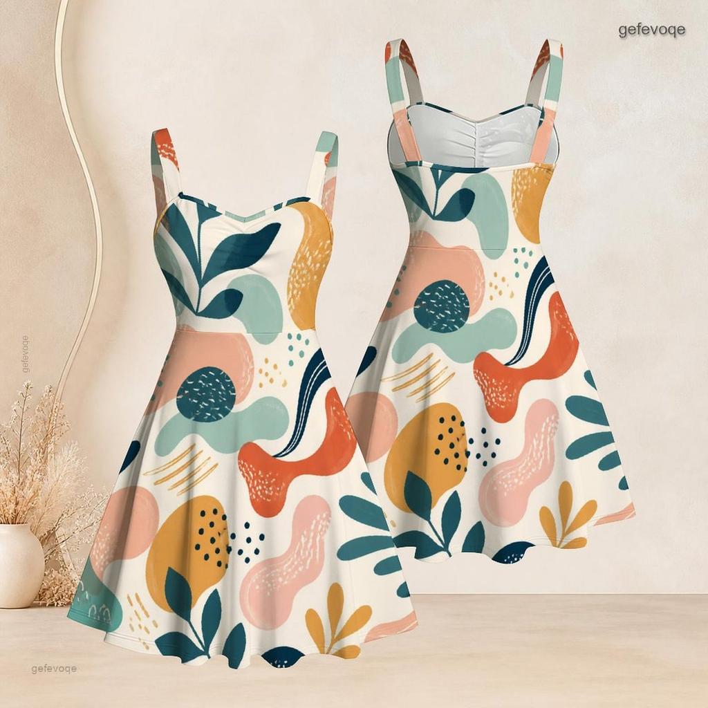 Women Plus Size Sweetheart Neck Strappy Sleeveless Abstract Printed Flared Dress