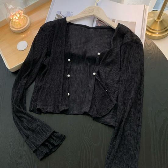 Damen Mesh Durchsichtig Sonnenjacke Langarm Knopfleiste Sonnenshirts UV-Schutz Kurz
