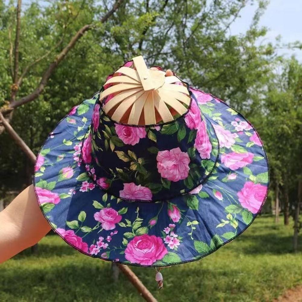 Foldable Fan Sun Hats Wide Brim Bamboo Sunscreen Cap Women Sunhat Folding Fan Hat  Summer