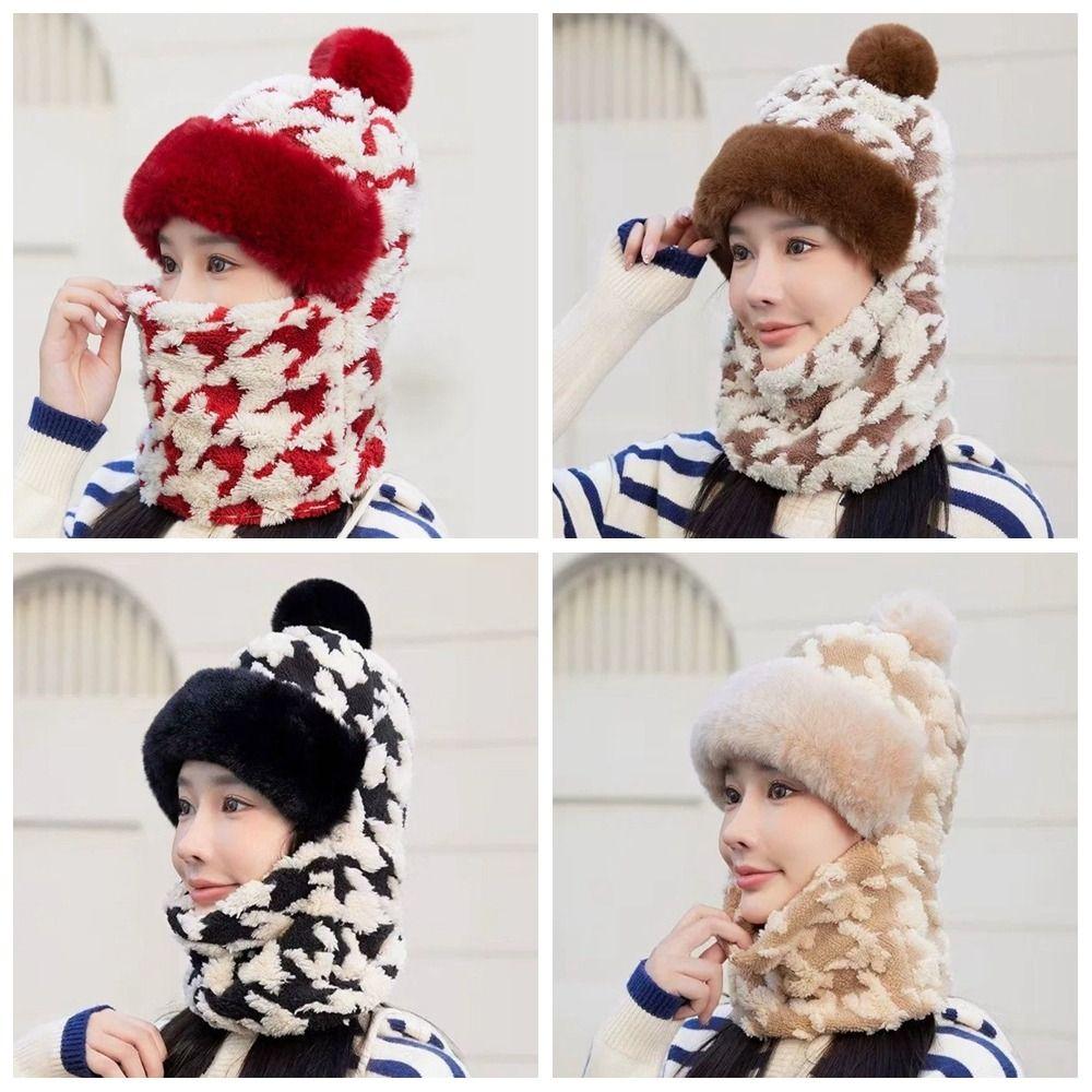Houndstooth Pattern Plush Ski Mask Scarf Hat Breathable Neck Cover Face Cap  Camping