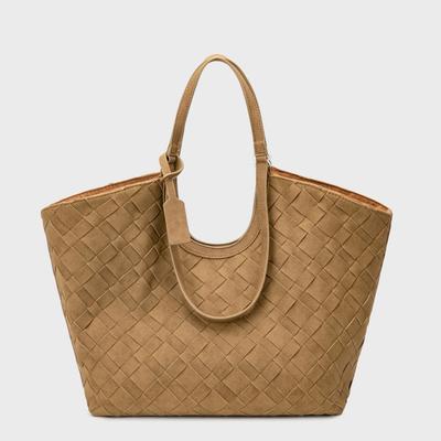 Vintage Coin Style Suede-Look Large Tote Bag Women Woven Shoulder Handbag With Zip Pocket Card Slot