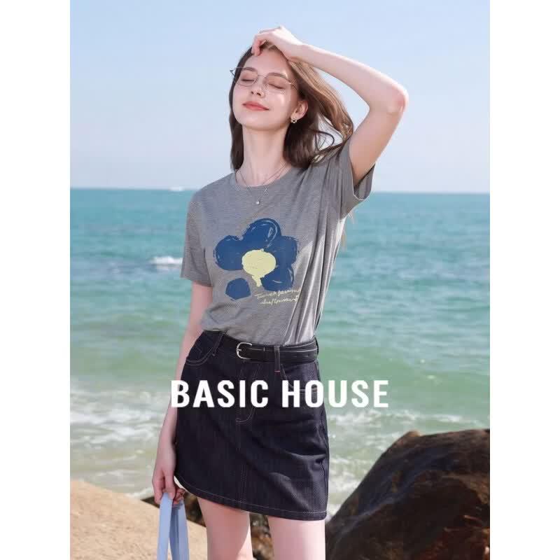 Basic House Women s Grey Printed Cotton T-Shirt L