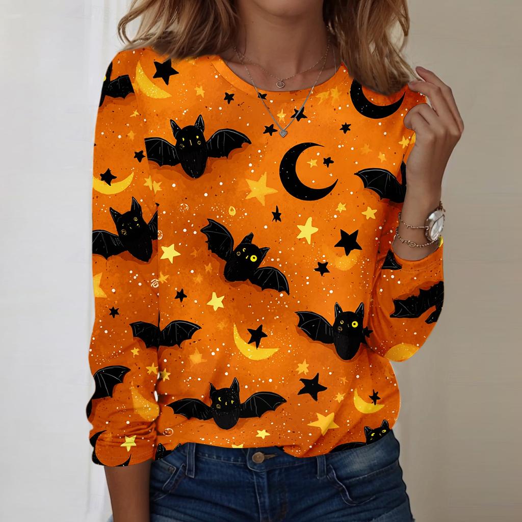 Women's Casual Long Sleeve Crewneck Top with Halloween Print for Fall Festive Wear