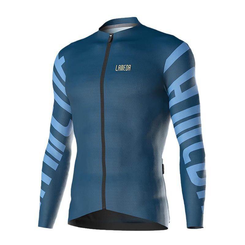 Mens Cycling Jersey Long Sleeve Breathable Performance Bike Shirt Striped Design Ocean Blue Electric