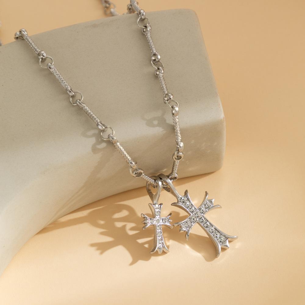 Full Diamond Double Cross Long Necklace Women's Trend High Sense Baroque Versatile Retro Sweater Chain
