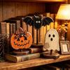 Autumn Atmosphere Interior Accents Halloween Wooden Tabletop Decor, Vintage Pumpkin Ghost Bat Figurines, Rustic Farmhouse Fall Party Indoor