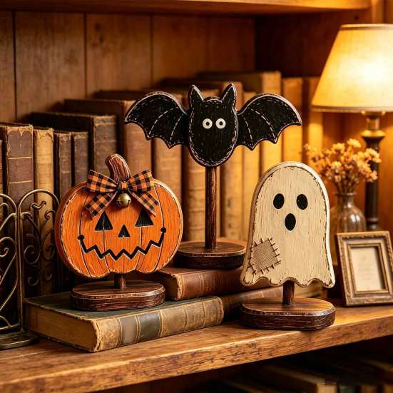 Autumn Atmosphere Interior Accents Halloween Wooden Tabletop Decor, Vintage Pumpkin Ghost Bat Figurines, Rustic Farmhouse Fall Party Indoor