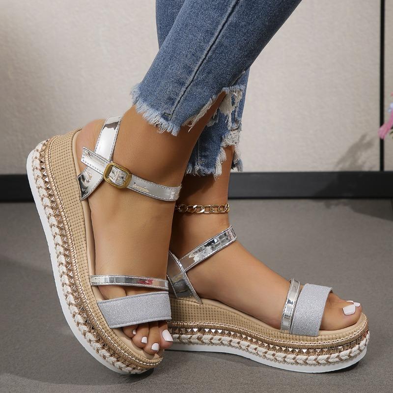 Summer New Large Size Fish Mouth Buckle Wedge Sandals Women's Fashion and Comfort Thick-soled Glossy Women's Sandals