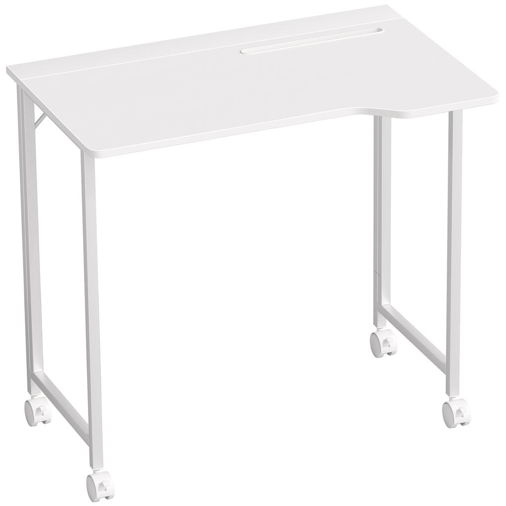 Folding Computer Desk on Wheels, 80 x 52 cm, Device Slot, White