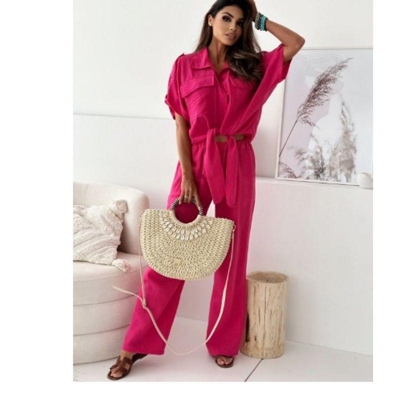 European and American Fashion Commuter Red Short Single-Breasted Short Sleeve Lace-up Shirts Top Wide-Leg Trousers for Two Years Set Women