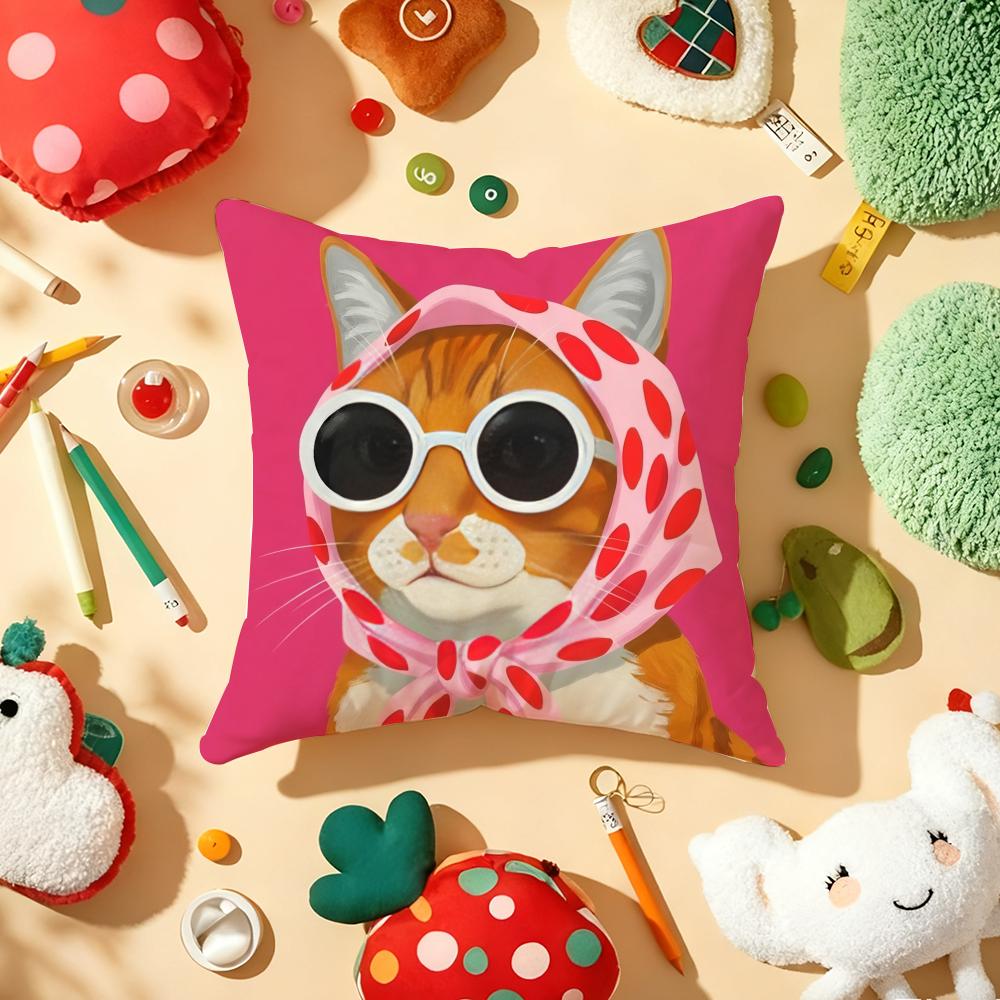 Art Cat Cute Cushion Cover Plush Fabric Soft Double-Sided Printed Sofa Warm Winter Home Child Gift Pillow Case