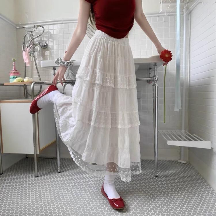 Lace-trimmed Sprin Summer Skirt – New Spring Collection High-waisted Sweet and Slimming Long Skirt Design – White Tiered Skirt