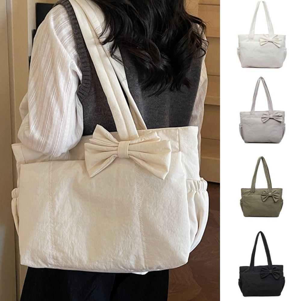 Large Capacity Cotton Padded Shoulder Bag Solid Color Nylon Handbag Bow Tote Bag  Travel Bag