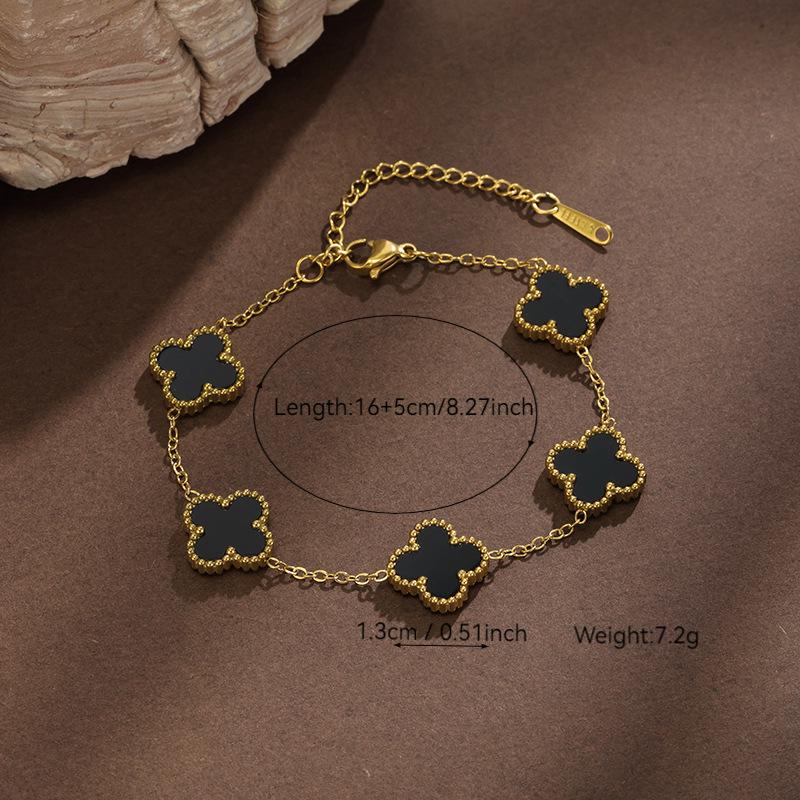 Four-Leaf Clover Jewelry Set: Durable Titanium Steel Earrings, Ring, Bracelet, and Necklace in Trendy 13mm Double-Sided Design.