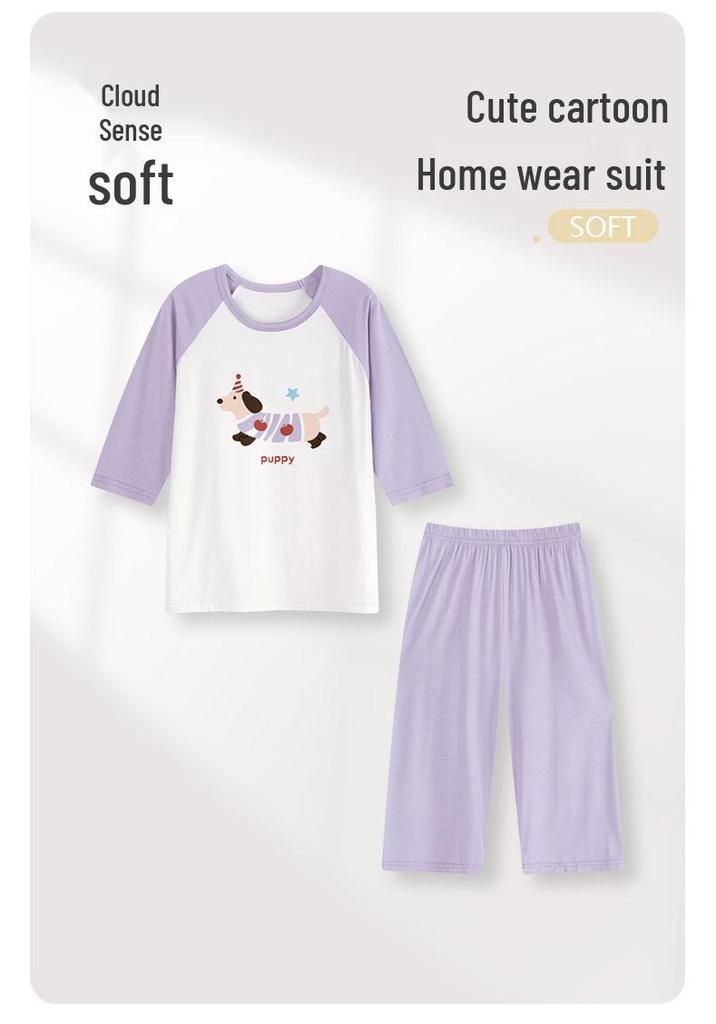 Girls' Air-Conditioned Pajama Set: 7-Point Sleeve & Pants, Ages 2-15, Sizes 80-160cm, Breathable Summer Sleepwear