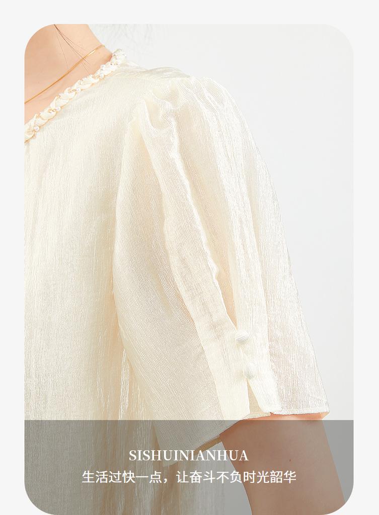 Elegant and slim round neck beaded short sleeved shirt, mini top