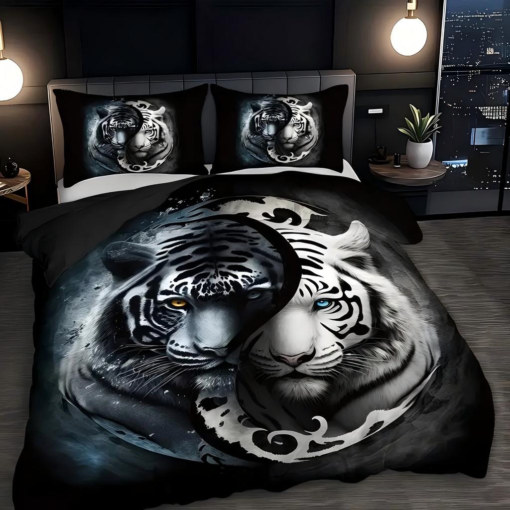 Black White Tigers Pattern 3D Printed Duvet Cover Set Soft Comfortable Bedding Set Wildlife Style Quilt Cover Set Pillowcases