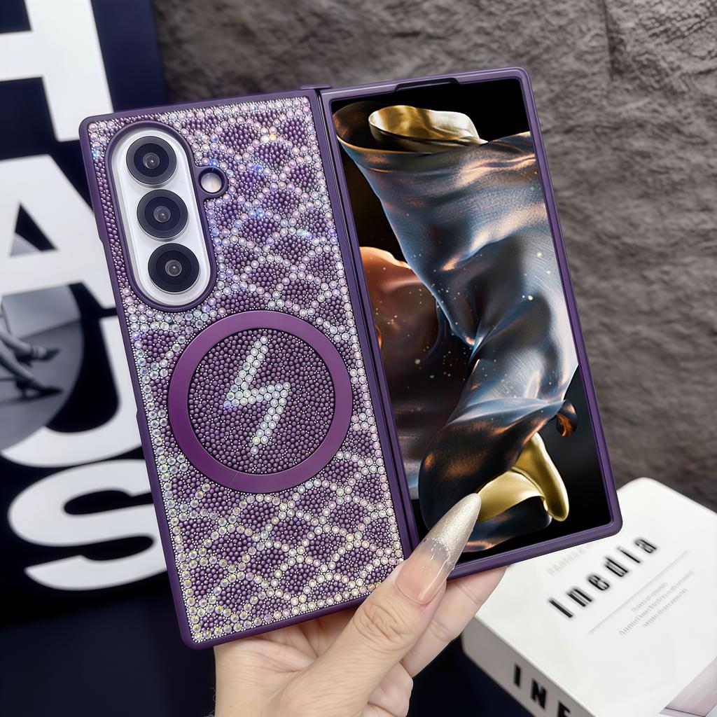 Riffel-Diamant Magnetische Handyhülle Für Samsung Z Fold 7 6 5 4 Helles Leopardenmuster PC Kristallkette Stoßfeste Schutzhülle