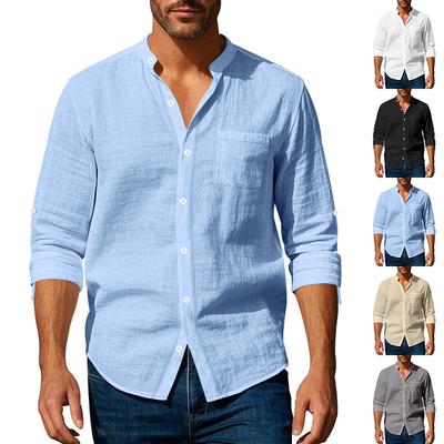 Fashionable Men's Linen Shirt Long-sleeved Stand Collar Breathable Casual Men's Style Chinese-style Pocket Shirt