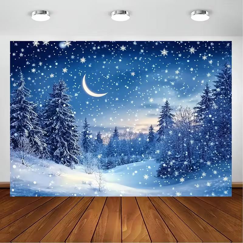 Dreamy Winter Wonderland Background, Snowy Forest with Moonlit Sky 47.2x31.5inch/120*80cm