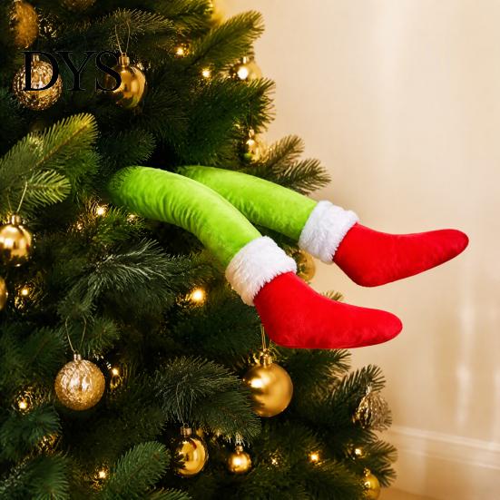 Decorative Elf for Mantel 2Pcs Christmas Green Car Leg Decoration, Plush Long Hair Hanging Symmetrical Home Accents Ornament Fireplace Tree