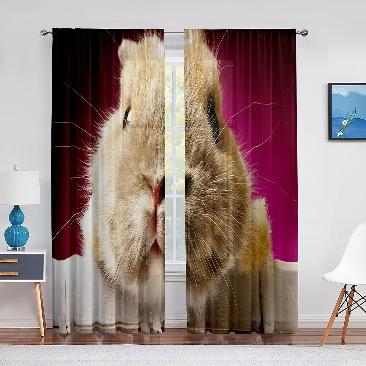 Прозрачные шторы с милыми котами и кроликами и маленькими животными для гостиной — фото 10