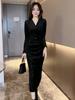 Autumn and winter women's clothing fried street dress long sleeves slim fit thin medium and long waist gold velvet small black dress