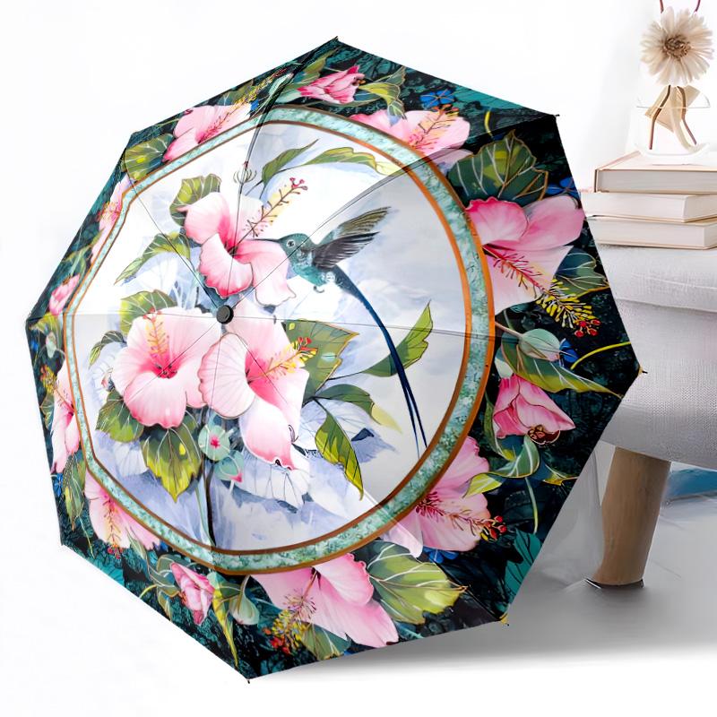 Hummingbirds and Flowers Outdoor Automatic Umbrella Retractable Design with 8-Rib Durability Lightweight Perfect Gift for Friends Family