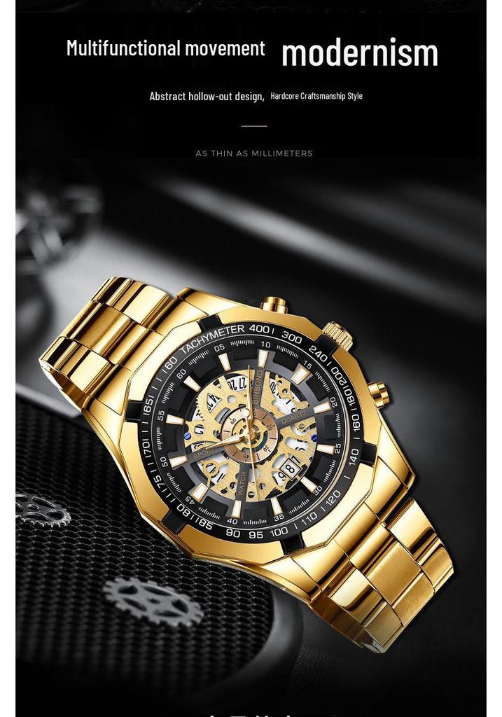 Binbond Skelett Non-Mechanisch Wasserdichte Herrenuhr - Schwarzes Metall & Blaues Design